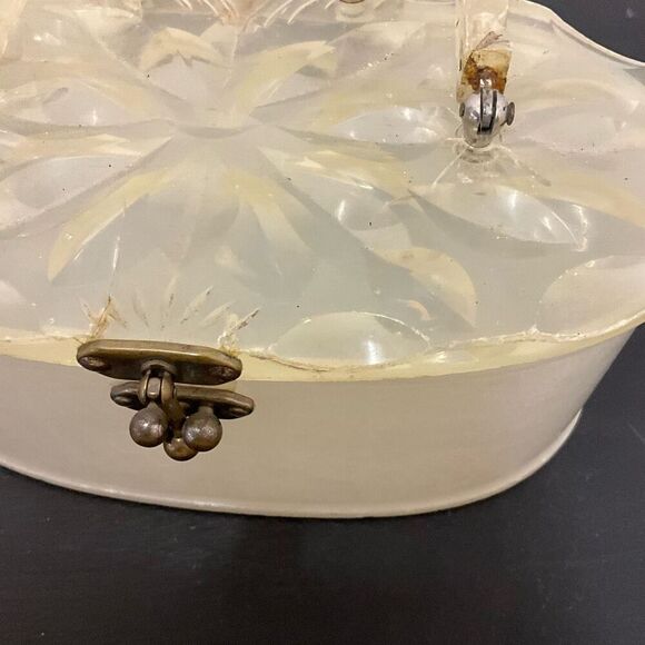 Vintage 1950s Lucite Marbleized Pearl Top Handle Purse Round Box Makeup Containe - Picture 3 of 14